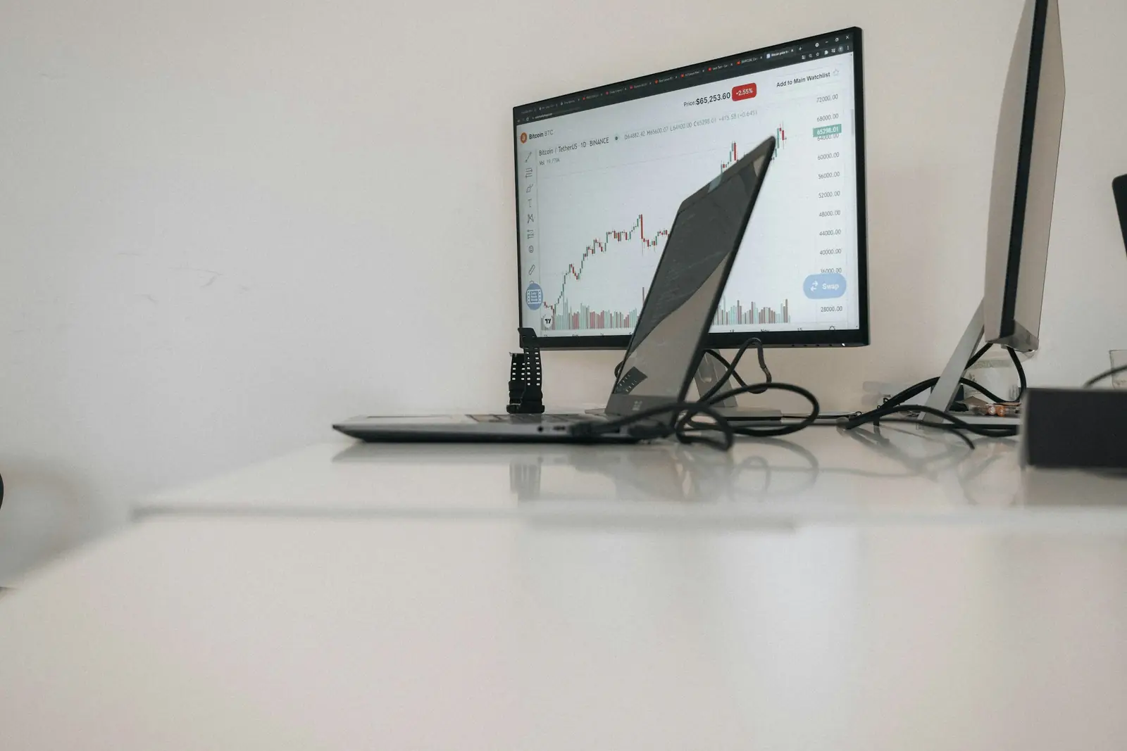Laptop und Monitor mit Kursdiagramm auf einem weißen Schreibtisch